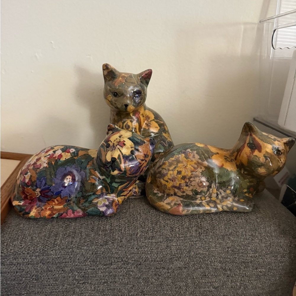 Set of 3/ Vintage Ceramic Glazed Flower Fabric Decoupage Cat Figurine C2